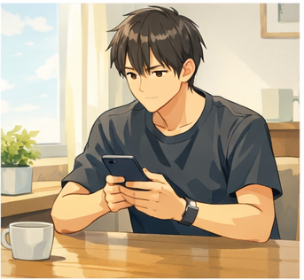 スマホを見つめながら静かに考え込む男性のイラスト。態度は変わらない相手に対して、消えない違和感と向き合う場面を表現。