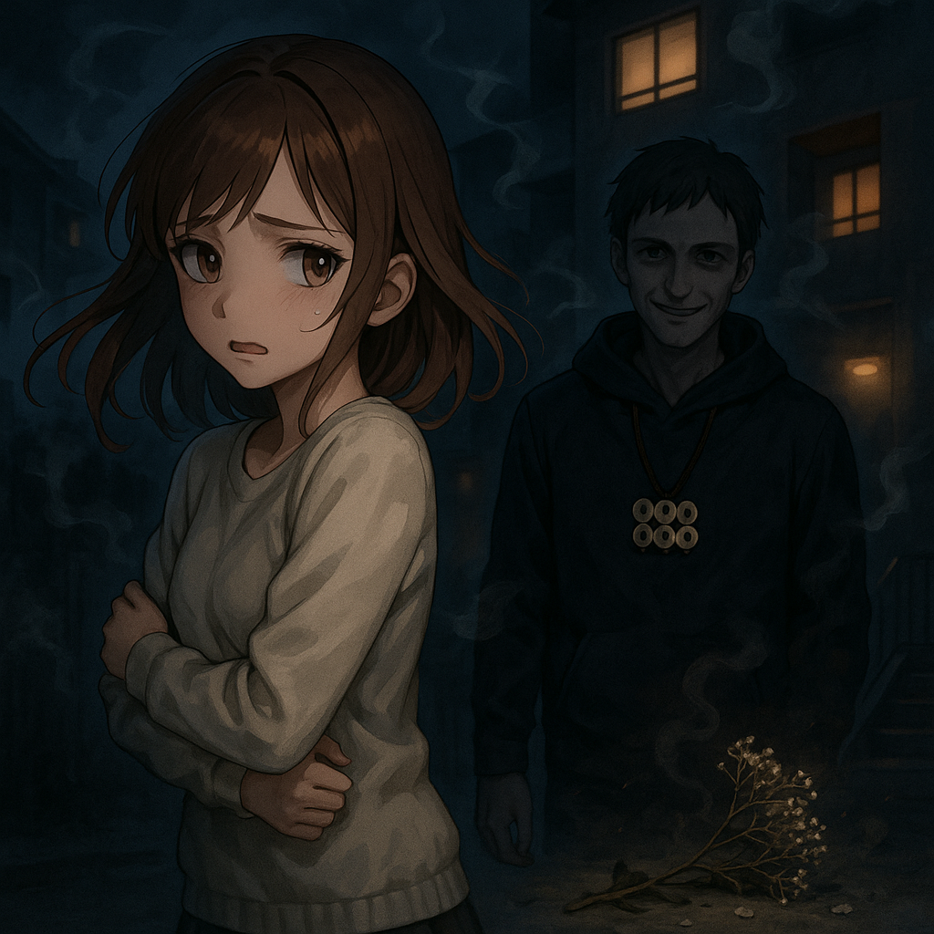 六文銭のネックレスをつけたストーカー男と怯える女の子のイラスト