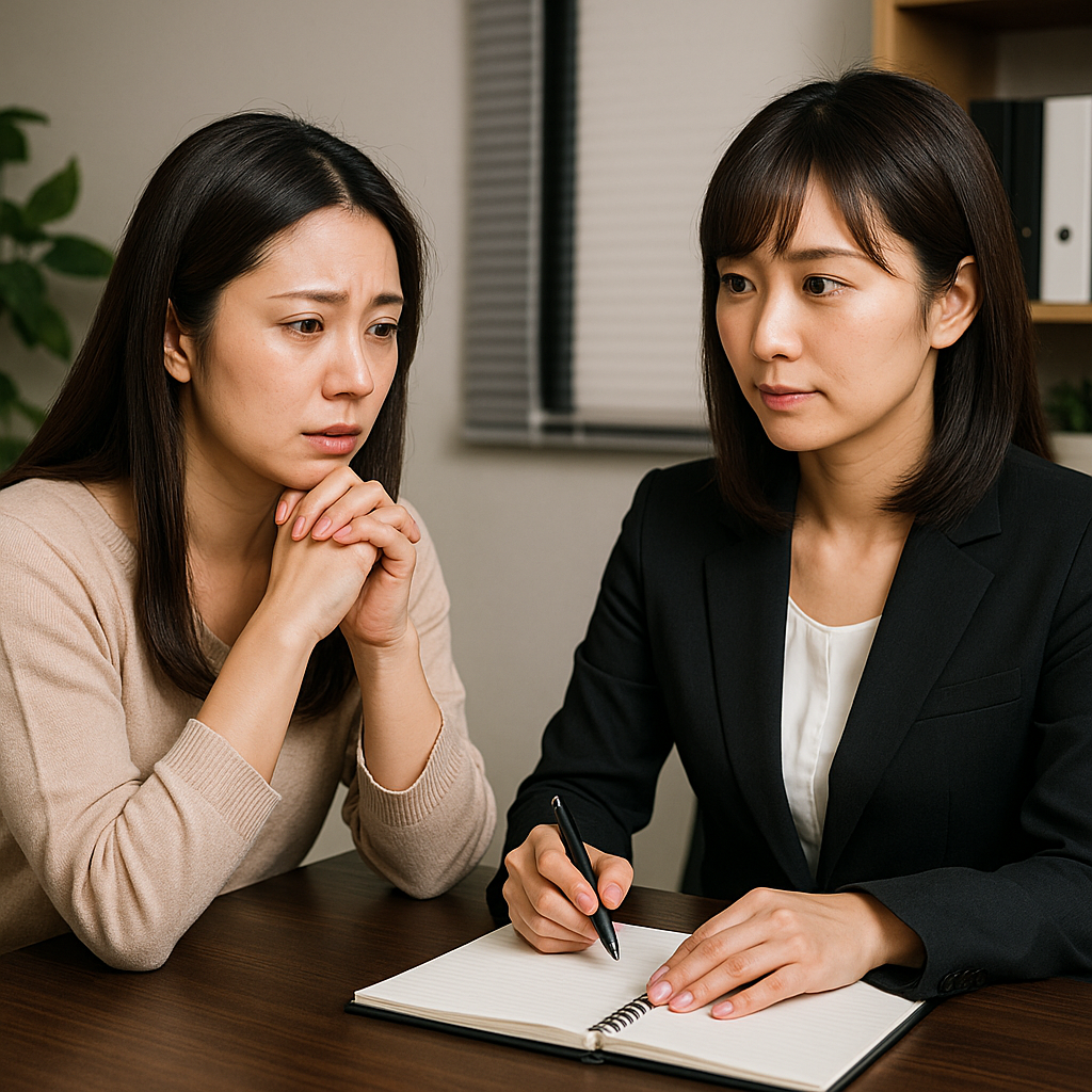不安そうな表情で相談する女性と、真剣に話を聞きながらメモを取る女性相談員。浮気・素行・行動の悩みについて専門家に相談している様子を表した写真。