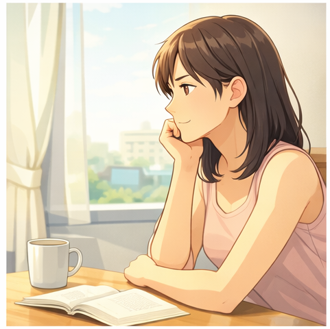 パートナーの行動が気になり、窓辺で静かに考え込む様子のイメージ