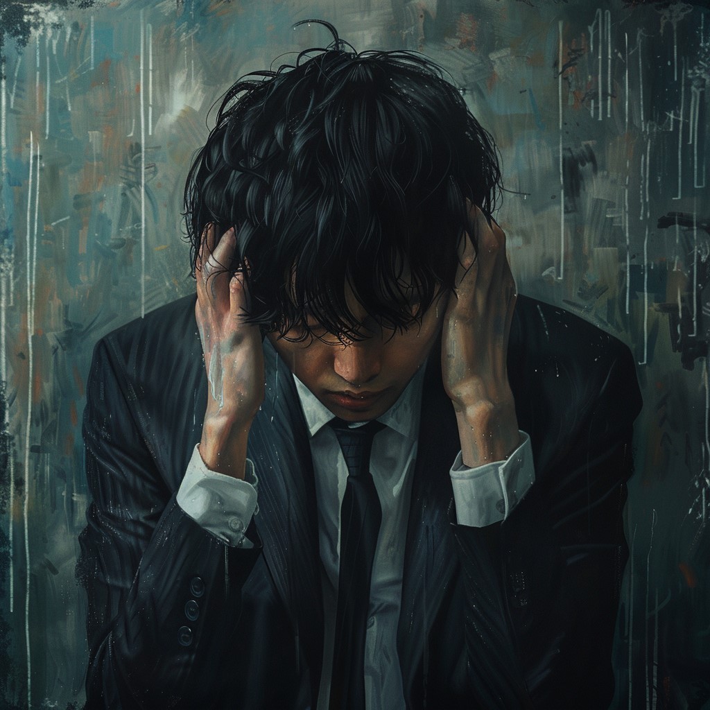 信用調査を考える中で強い不安や迷いを抱え、頭を抱える男性のイメージ