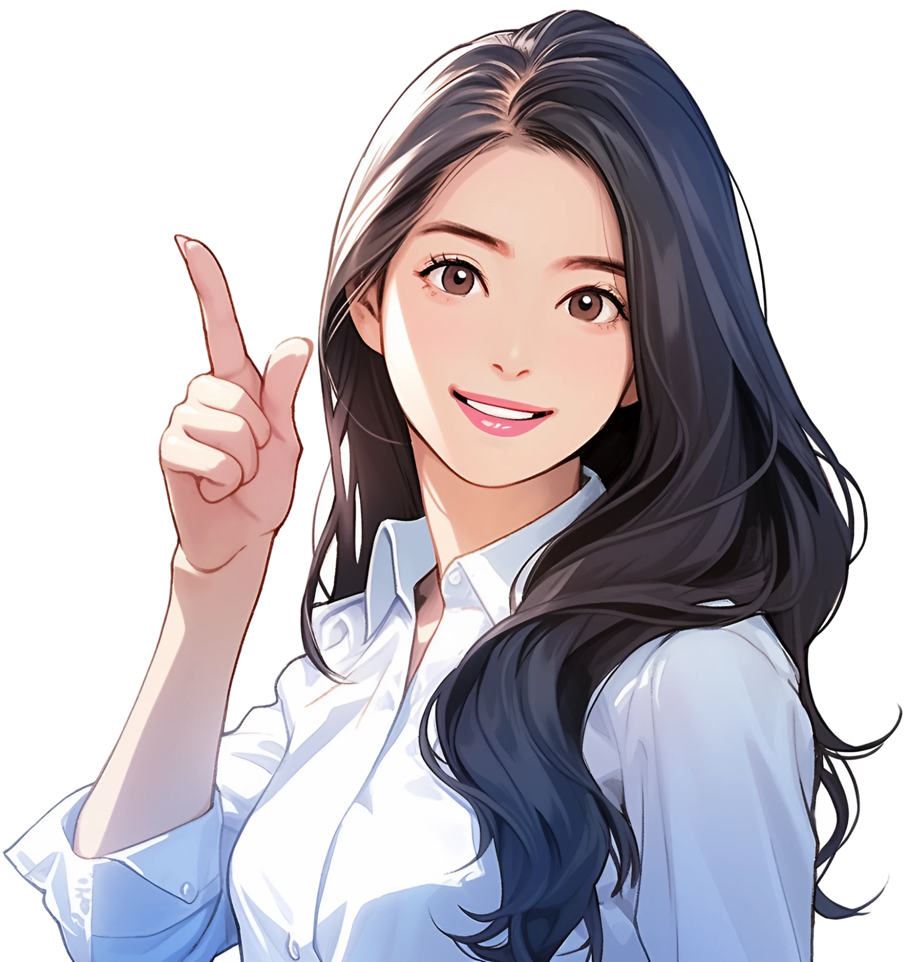 落ち着いた表情で指を立て、気づきを促す女性のイラスト。冷静な判断や前向きな気持ちを象徴している。