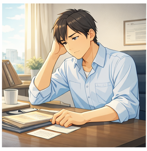 予定が重なる不思議さに違和感を覚え、机に向かって考え込む男性のアニメイラスト