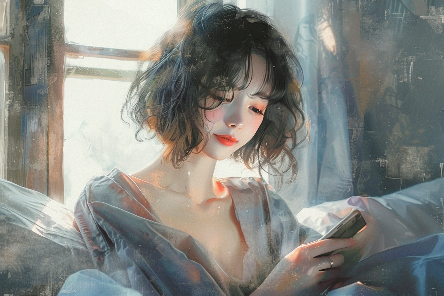 スマートフォンを手に、信用調査を相談すべきか迷いながら静かに考える女性のイメージ