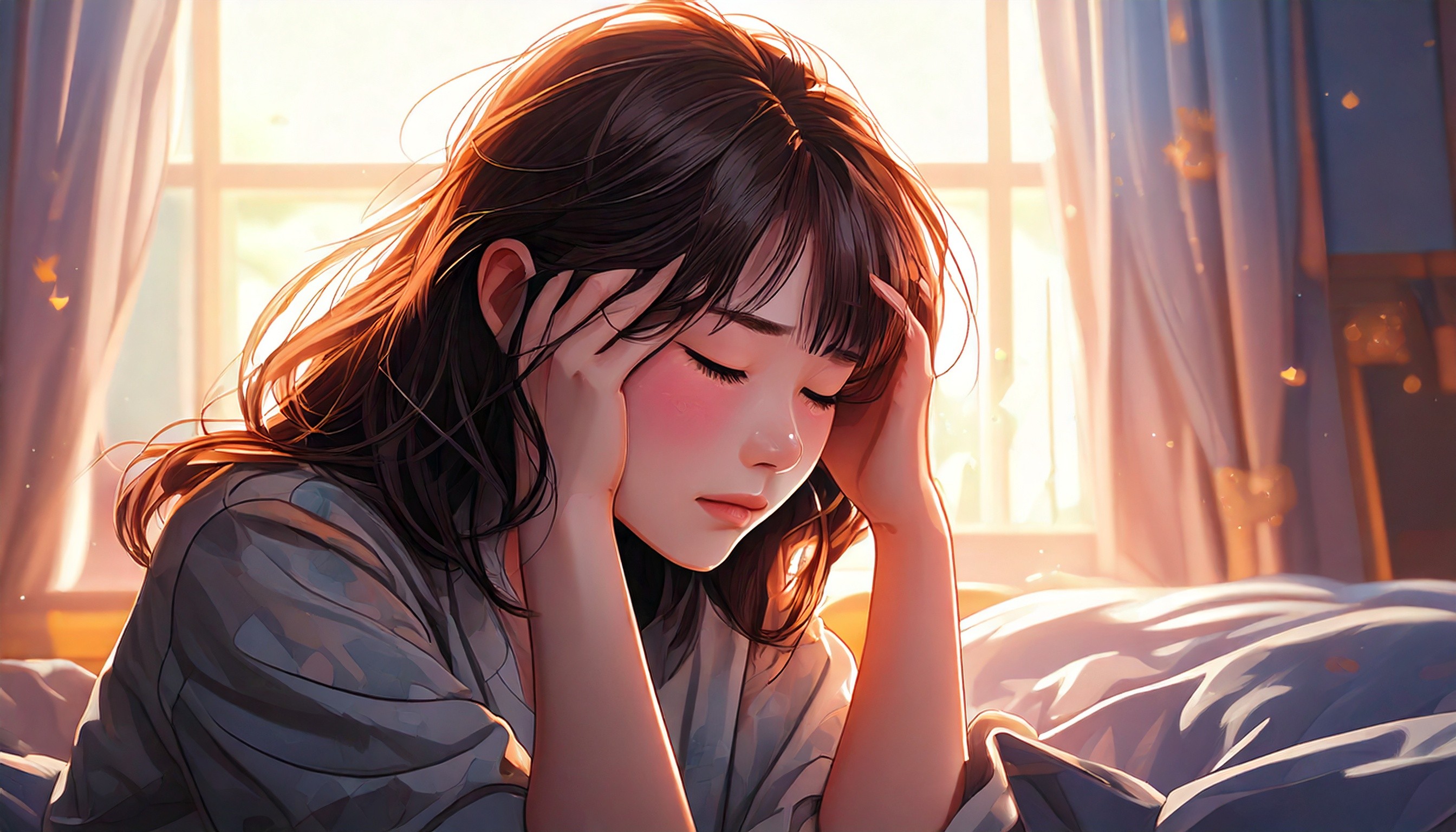 部屋の中で頭を抱え、強い不安と迷いに包まれる人物。人間関係の違和感に気づき、静かに心を整理しようとする瞬間を表したイメージ