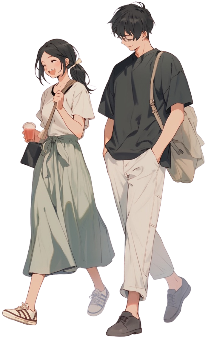 自然体で歩く男女のイラスト。行動の雰囲気や距離感から関係性の変化を想像できるシーン