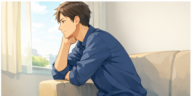 生活のペースが崩れていく違和感に悩み、ソファで考え込む男性の様子を描いたイラスト