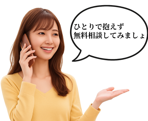 女性が「ひとりで抱えず、無料相談してみましょう」と優しく声をかけるイメージ
