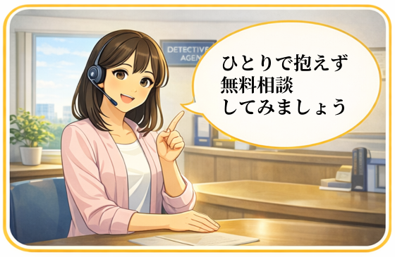 探偵事務所で無料相談を案内する女性スタッフのイラスト。