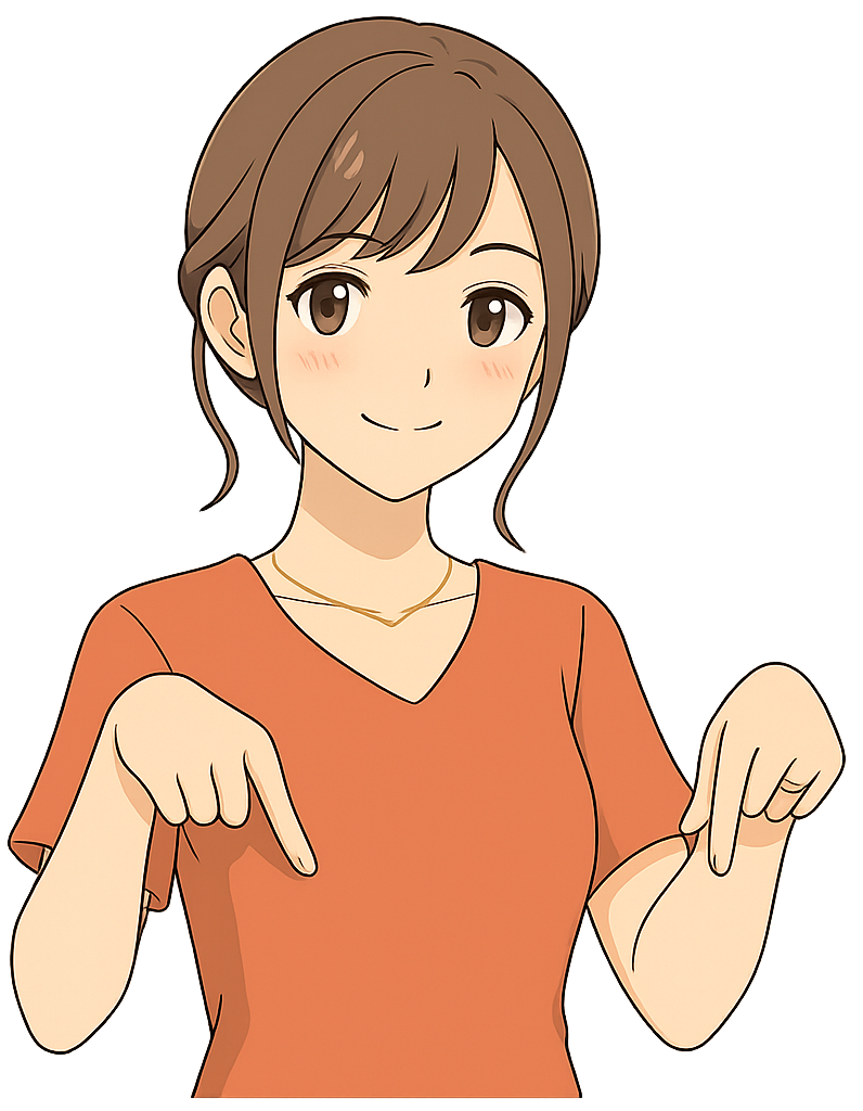 オレンジ色の服を着た女性が微笑みながら下を指し示す様子。探偵・素行調査の総まとめリンクを案内するイメージ。