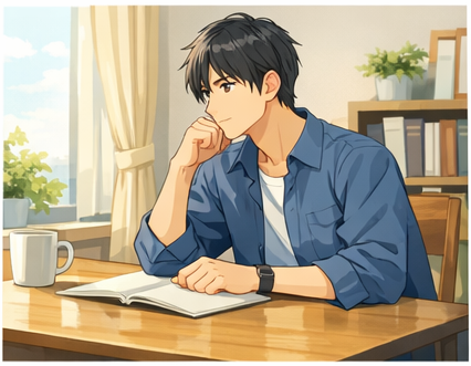 静かな部屋で資料を読みながら、違和感について考える男性の姿