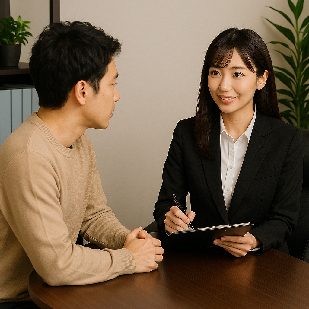 探偵事務所の相談室で、男性が女性調査員に不安を相談している実写シーン。安心して話せる雰囲気を伝えるイメージ