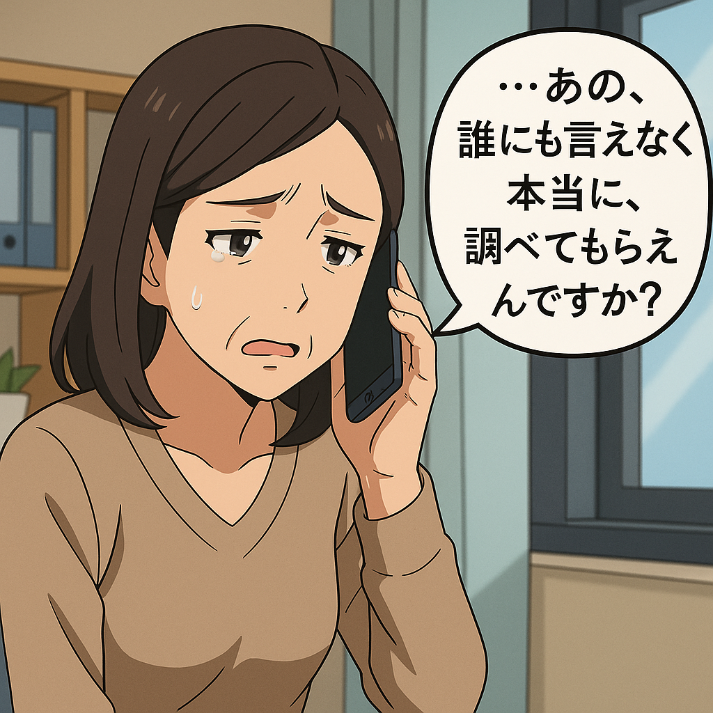 息子の職場いじめに悩む母親が、DMM探偵の紹介事務所へ電話相談をしているアニメイラスト。