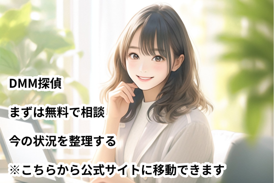 DMM探偵の無料相談バナー。探偵事務所を紹介する窓口として、今の状況を整理したい人向けの案内画像