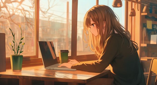 ノートパソコンを使いながら行方不明の人探し調査について情報を調べている女性のイラスト。夕暮れの光が差し込む静かな店内で、失踪した相手の手掛かりを探している様子を表現