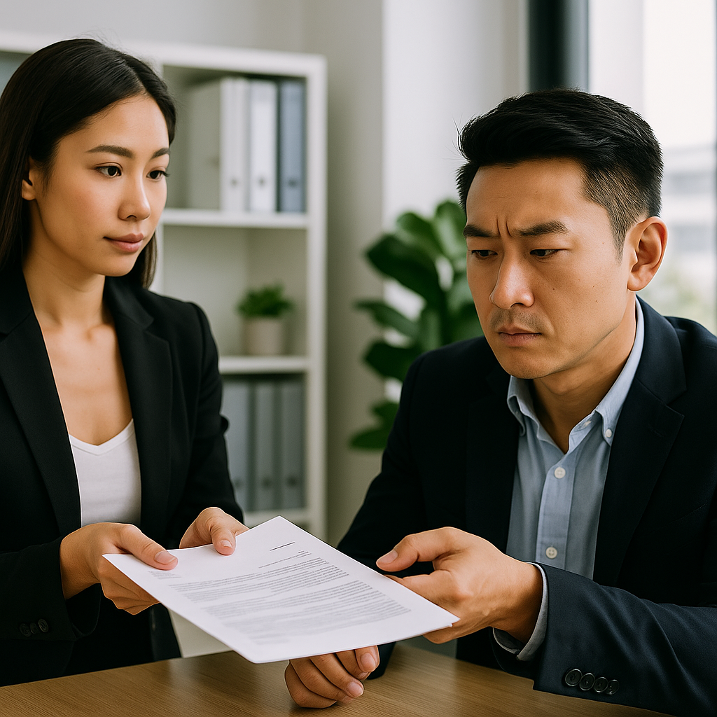 浮気などの悩み相談を受ける女性相談員のイラストです。探偵紹介サービスで依頼内容を丁寧に聞き取るシーンを表しています。