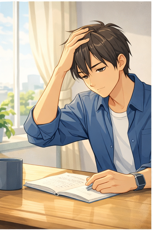 信用調査の報告書を読みながら、聞いていた話と現実の違いに思い悩む男性のイメージ